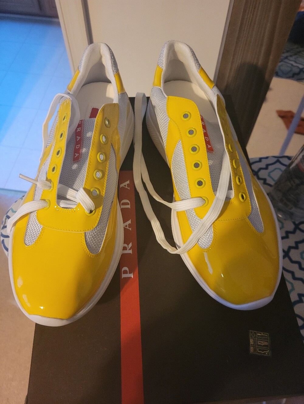 Prada Yellow Patent & White Mesh Slip-On Sneakers